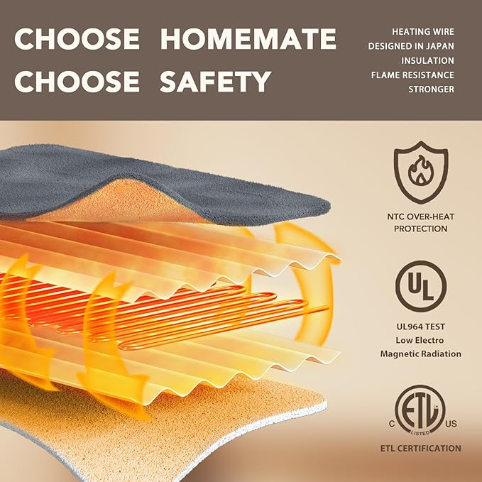 Homemate Heated Blanket Electric Throw - 50"x60" Heating Blanket Throw 1/2/4/6/8 Hours Auto-off 10 Heat Level Heat Blanket Over-heat Protection Flannel Sherpa Heater Blanket Electric ETL Certification
